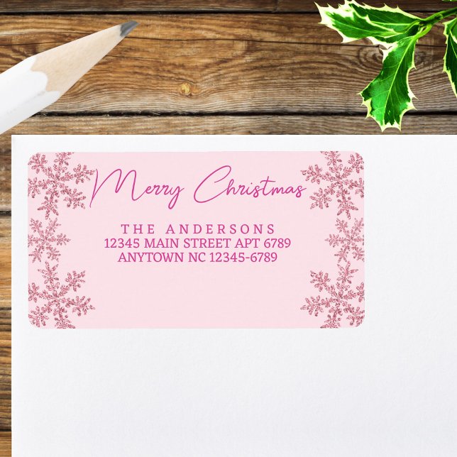 Snowflake Pink Glam Modern Script Weihnachten Adressaufkleber (Use as jumbo return address labels, envelope seals on the back or as regular address labels)