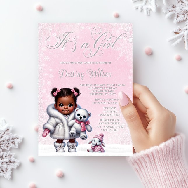 Snowflake Pink Winter Wunderland Babydusche Einladung (Adorable baby girl winter wonderland baby shower invitation with pink snowflake background.)