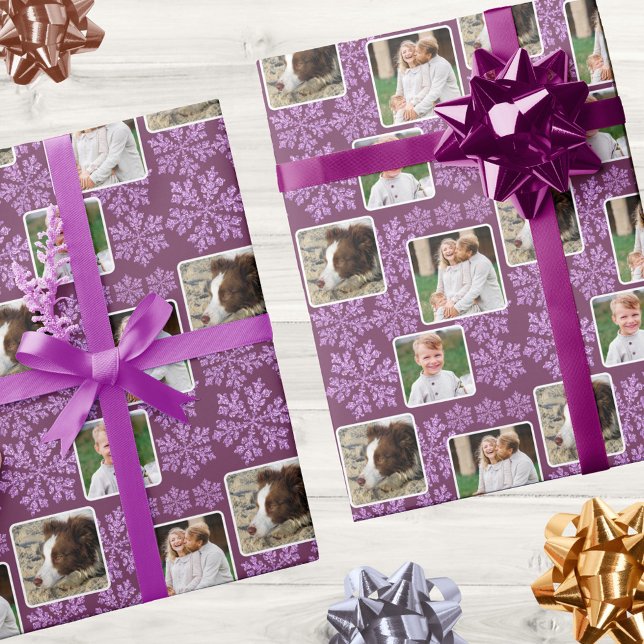 Snowflake Plum Bling 3 Foto Collage Weihnachten Geschenkpapier (Add your photos to the picture collage design in dark purple for fun Christmas wrapping paper)