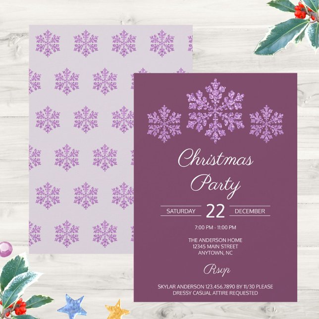 Snowflake Plum Bling Elegantes Weihnachtsfest (Personalize these plum purple and faux glitter snowflake invitations for an elegant Christmas party)