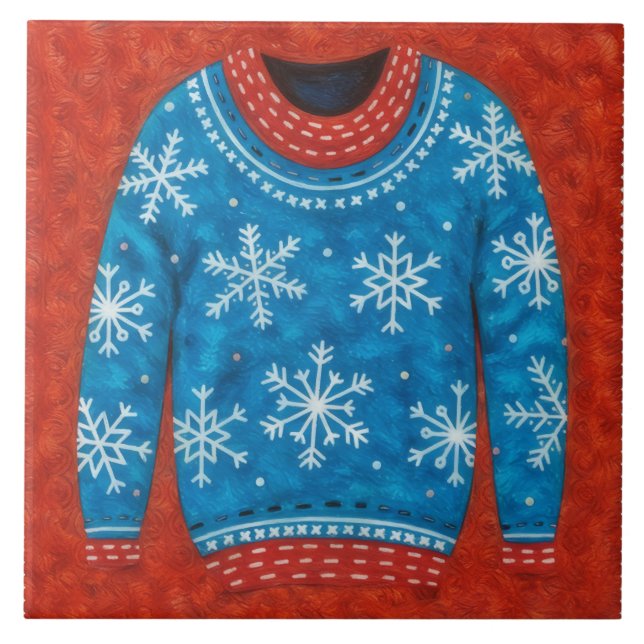Snowflake Red Blue Ugly Sweater Fun Holiday Tile Fliese (Vorderseite)