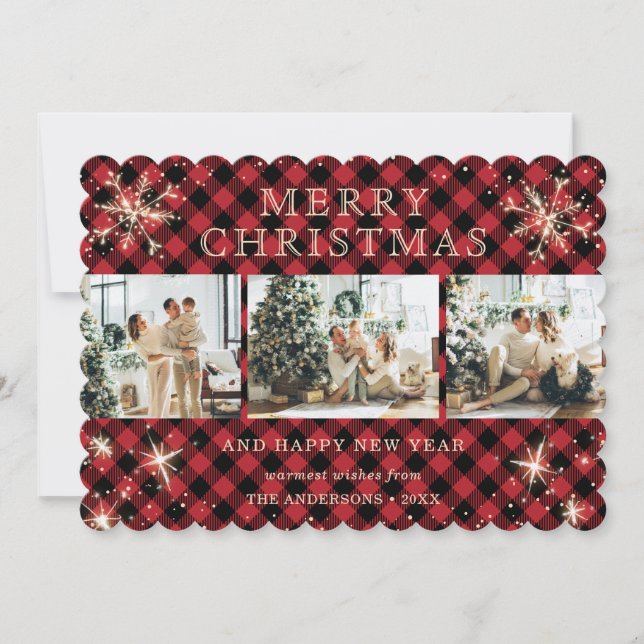 Snowflake Red Kariert Foto Collage Feiertagskarte (Vorderseite)