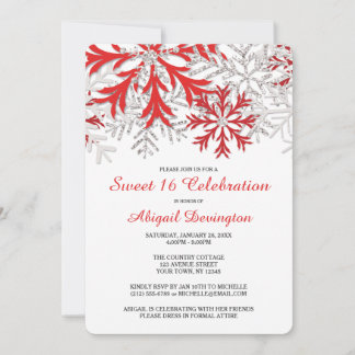 Snowflake Red Silver Winter Sweet 16 Einladungen