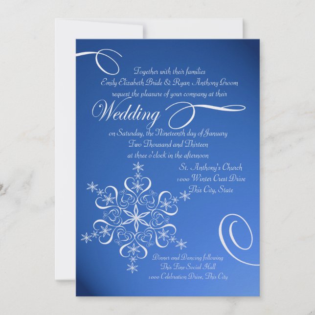 Snowflake Sapphire Blue Winter Wedding Einladung (Vorderseite)