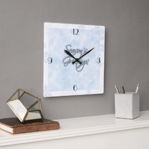 Snowflake Season's Greetings Clock Quadratische Wanduhr