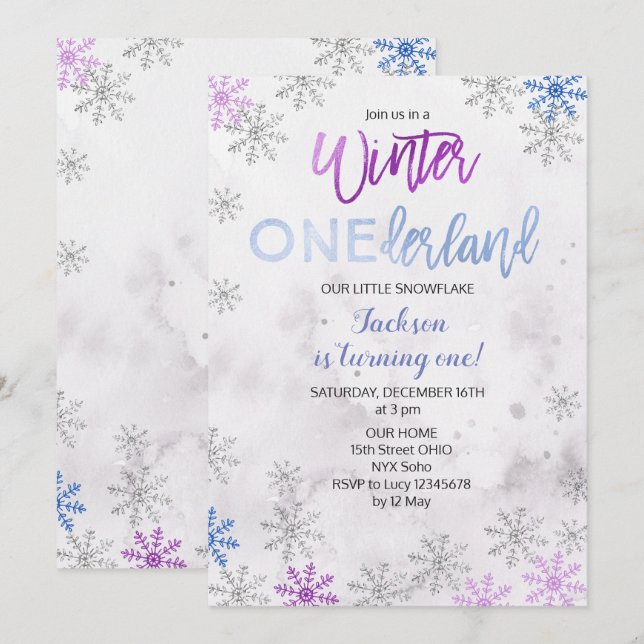 Snowflake Snow Onederland Erster Geburtstag Einlad Einladung (Vorne/Hinten)