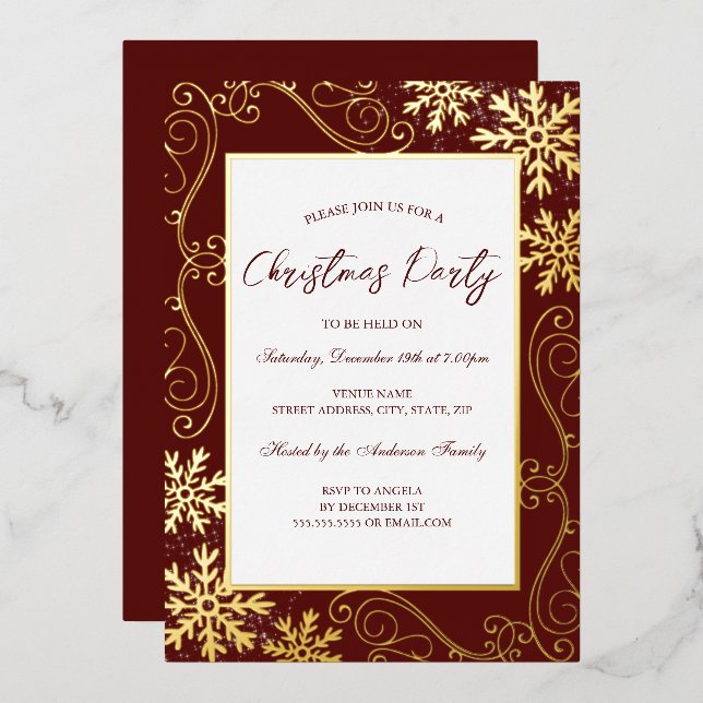 Snowflake Snowboard Rahmen Red Gold Weihnachtsfest Folieneinladung (Vorderseite/Rückseite)