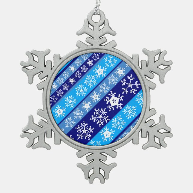 Snowflake Stripes Blue Schneeflocken Zinn-Ornament (Vorderseite)