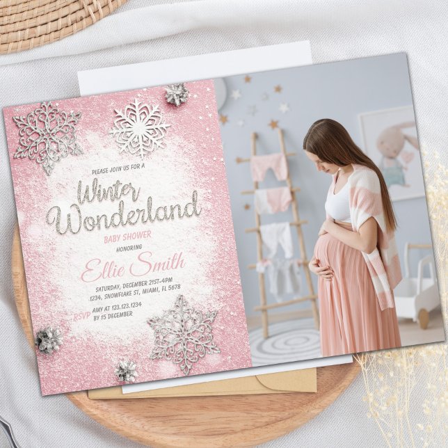 Snowflake-Thema für Baby Girl Einladung (Pink Silver Glitter Winter Baby Shower Invitations)
