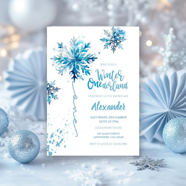 Snowflake Watercolor Blue Winter ONEderland Einladung (Von Creator hochgeladen)