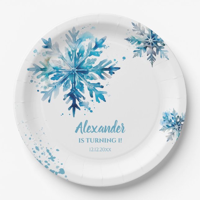Snowflake Watercolor Blue Winter ONEderland Pappteller (Vorderseite)