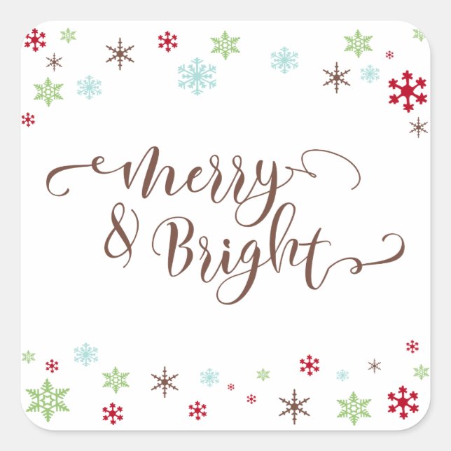 Snowflake Whimsy Merry & Bright, braune Typografie Quadratischer Aufkleber (Vorderseite)