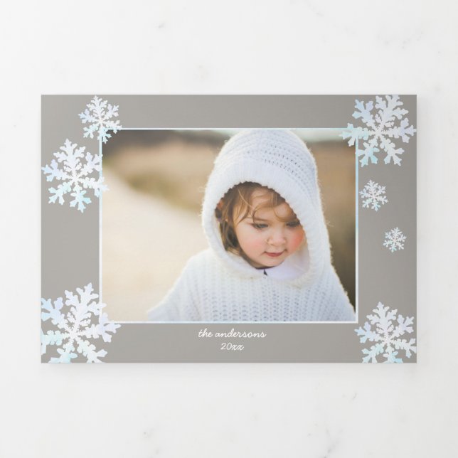 Snowflake White Opal Elegante Weihnachten 5 Foto Dreifach Gefaltete Urlaubskarte (Cover)
