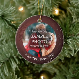 Snowflake White Stars 2 Foto Burgundi Custom Text Keramik Ornament