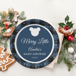 Snowflake Winter Blue Plaid Baby Shower Pappteller