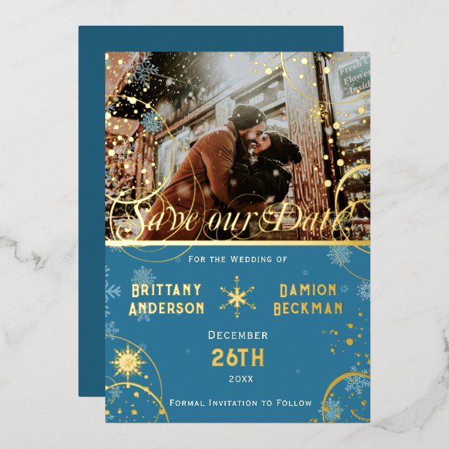 Snowflake Winter Blue Wedding Foto Save the Date Folieneinladung (Vorderseite/Rückseite)