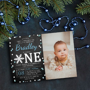 Snowflake Winter Chalkboard 1. Geburtstag Foto Folieneinladung