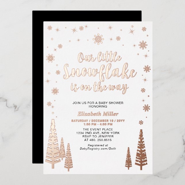 Snowflake Winter Forest Baby Shower Real Foil Folieneinladung (Vorderseite/Rückseite)