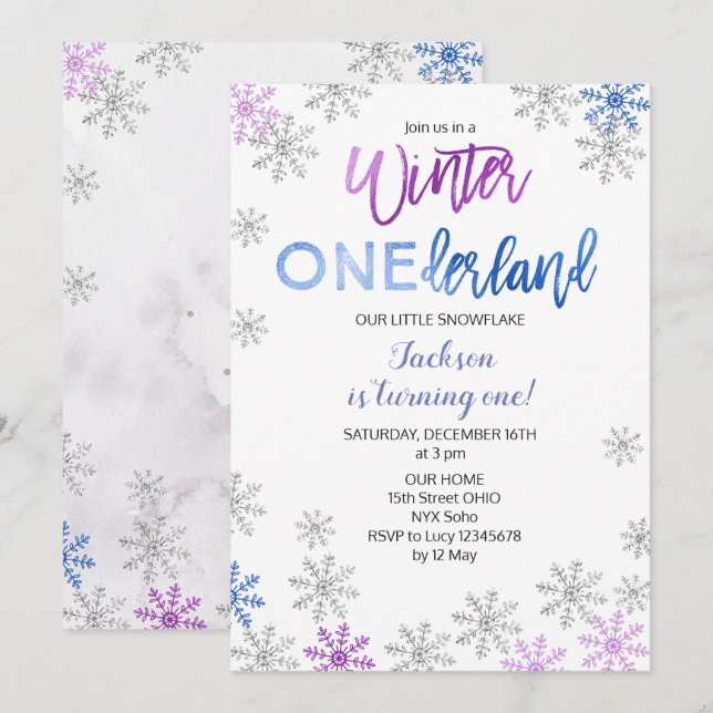 Snowflake Winter Onederland Erster Geburtstag Einl Einladung (Vorne/Hinten)