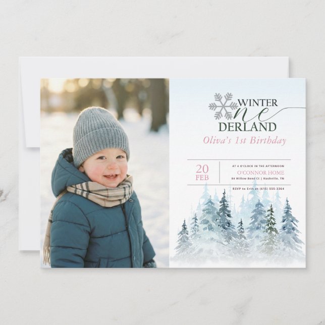Snowflake Winter Onederland Kid Photo 1st Birthday Einladung (Vorderseite)