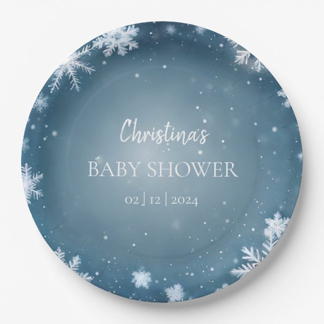 Snowflake Winter Wonderland Baby Dusche Blau Pappteller (Vorderseite)
