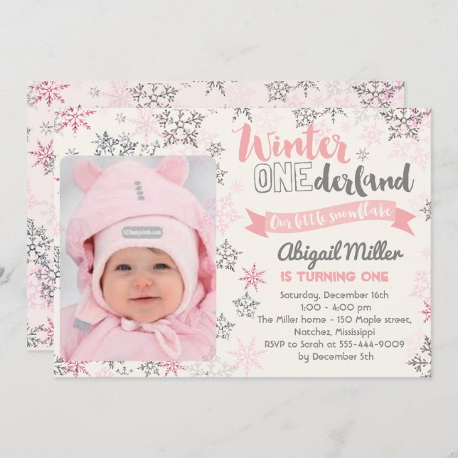 Snowflake zum Geburtstag Einladung - Winter Oneder (Vorne/Hinten)