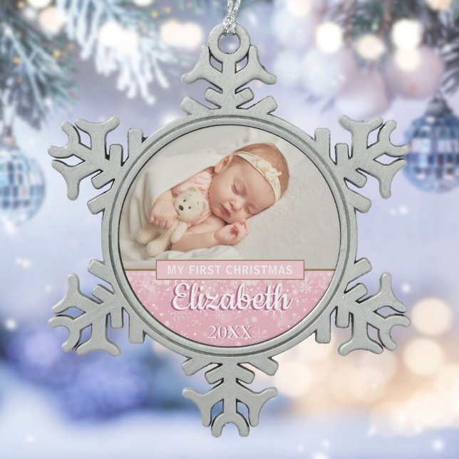 Snowflakes Baby Foto Erste Weihnachtsschrift Schneeflocken Zinn-Ornament (Snowflakes Baby Photo First Christmas Script Snowflake Pewter Christmas Ornament)