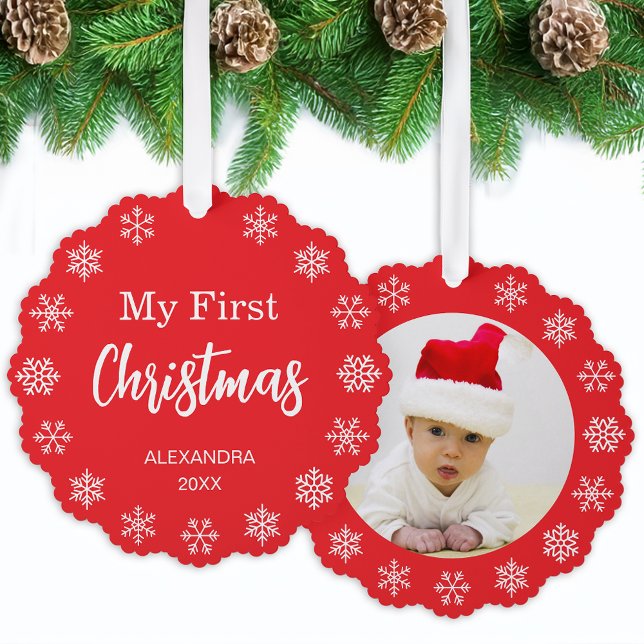 Snowflakes Baby Photo My First Christmas Red White Ornament Karte (Von Creator hochgeladen)