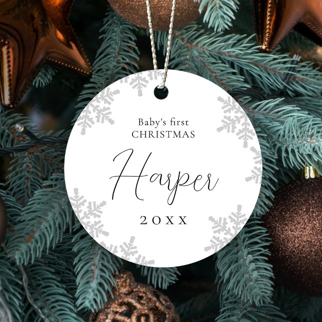 Snowflakes Baby's erster Weihnachtsskriptname Ornament Aus Metall (Snowflakes Baby's First Christmas Script Name Metal Ornament)