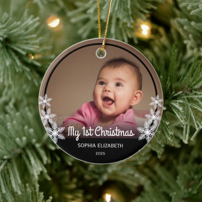 Snowflakes Baby's First Christmas Foto Black Keramik Ornament (Baum)
