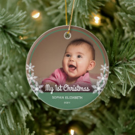 Snowflakes Baby's First Christmas Foto Green Keramik Ornament