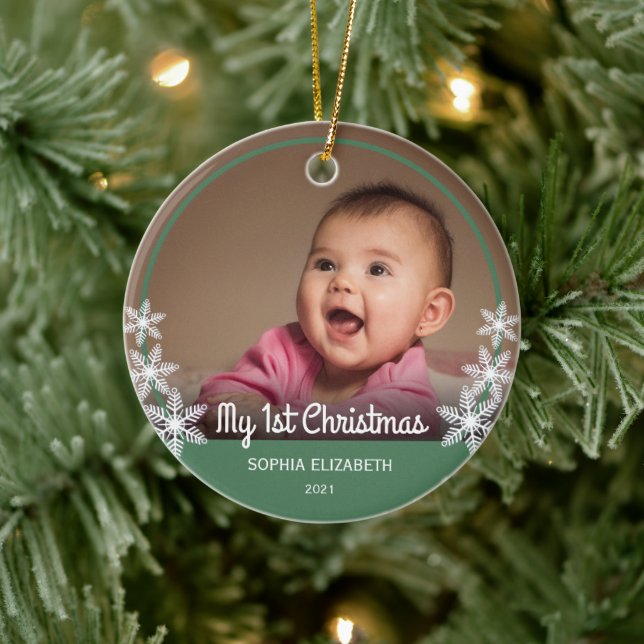 Snowflakes Baby's First Christmas Foto Green Keramik Ornament (Baum)