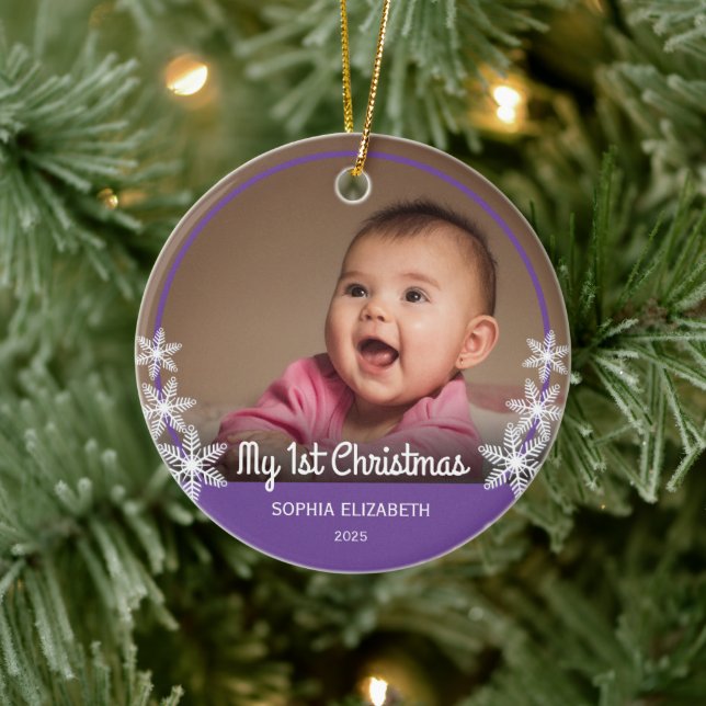 Snowflakes Baby's First Christmas Foto Lila Keramik Ornament (Baum)