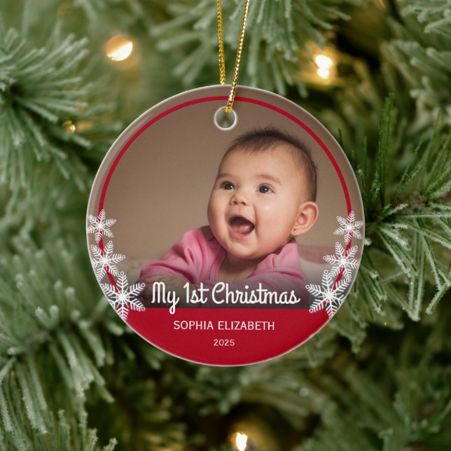 Snowflakes Baby's First Christmas Foto Red Keramik Ornament (Baum)
