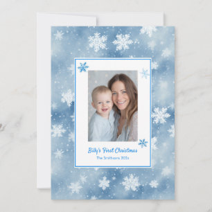 Snowflakes Blue Baby Boy Erstes Weihnachtsfest Fot Feiertagskarte