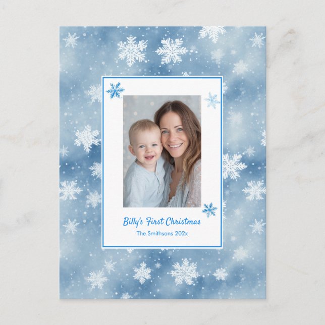Snowflakes Blue Baby Boy Foto Erste Weihnachten (Vorderseite)