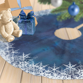 Snowflakes Border on Watercolor Navy Blue ID727 Polyester Weihnachtsbaumdecke