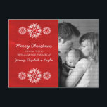 Snowflakes Chalkboard Foto Postkarte, Rot Feiertagspostkarte<br><div class="desc">Moderne und trendige Snowflakes Chalkboard Foto Postcard mit dunkelrotem Chalkboard-Look und eleganten Schneeflocken in Weiß. Diese schicke Postkarte eignet sich hervorragend für Urlaubsfreuden. Passen Sie sich mit Ihrem eigenen Foto und dem personalisierten Gruß Ihrer Wahl an. Klicken Sie auf "Anpassen",  um weitere Personalisierungsoptionen zu erhalten.</div>