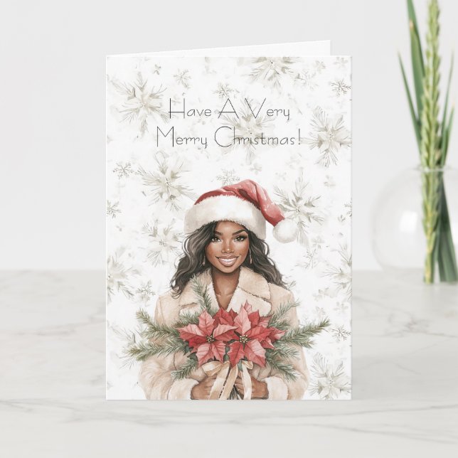 Snowflakes Christmas Black Woman Poinsettia Floral Karte (Vorderseite)