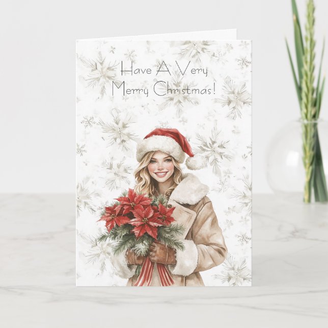 Snowflakes Christmas Blond Woman Poinsettia Floral Karte (Vorderseite)