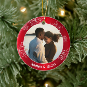 Snowflakes Erste Weihnachts-Rote Rahmen Keramik Ornament