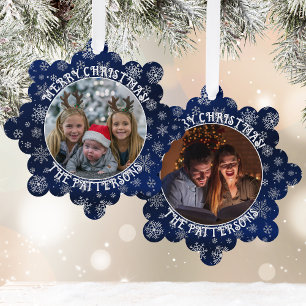 Snowflakes Family Foto Blue Paper Ornament Card