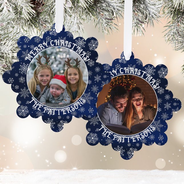Snowflakes Family Foto Blue Paper Ornament Card Karte (Hang these ornaments on a Christmas tree or use them as a unique gift tag to your loved ones.)