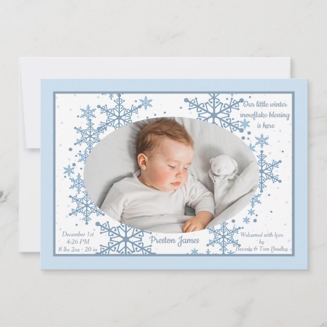 Snowflakes Foto Frame Blue Birth Ankündigung (Vorderseite)