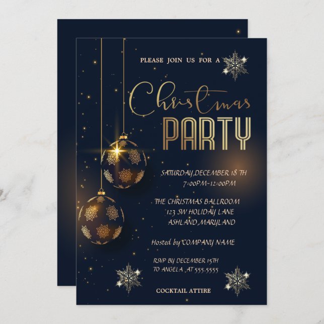 Snowflakes Gold Balls Weihnachten Korporiert Einladung (Vorne/Hinten)