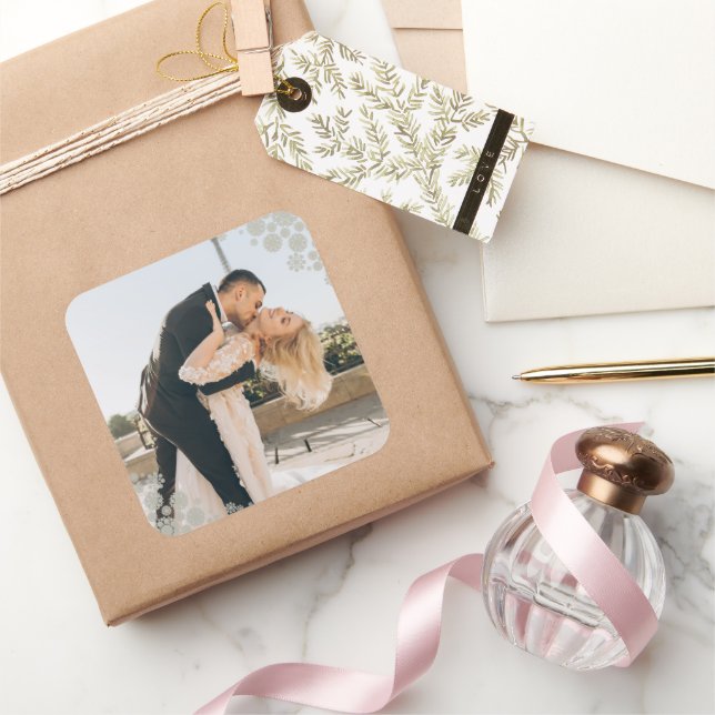 Snowflakes Liebe Peace Joy Kisses Foto Hochzeit Quadratischer Aufkleber (Schenken)