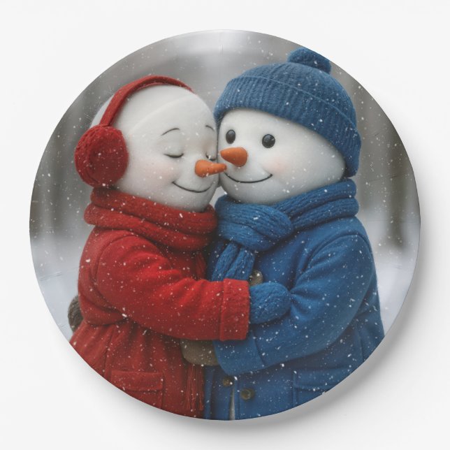 Snowflakes on Snowman Couple in Winter Forest Pappteller (Vorderseite)