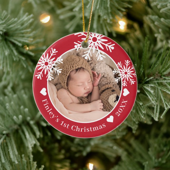Snowflakes Red Baby's First Christmas Foto Keramik Ornament (Baum)