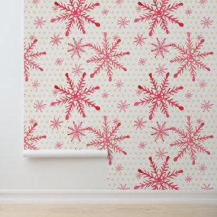 Snowflakes Red Watercolor Gold Punkte Tapete