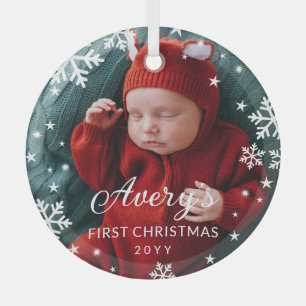 Snowflakes & Stars Baby's 1st Christmas Photo Ornament Aus Glas